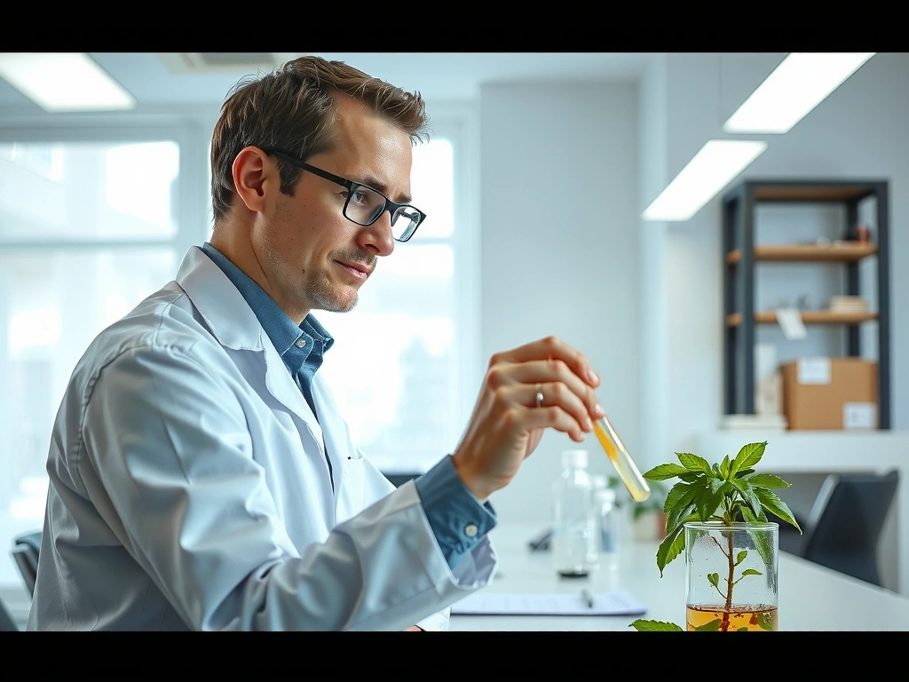 A scientist in a clean lab setting examining a plant extract, representing innovation.