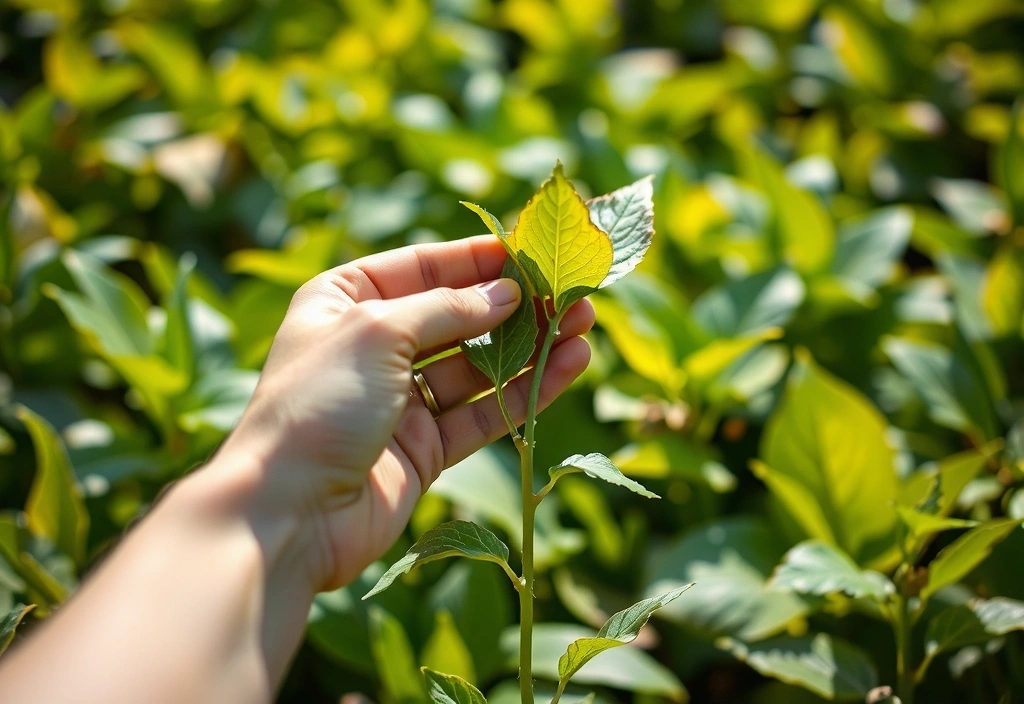 A close-up of a hand inspecting a plant in a lush, green field, symbolizing ethical sourcing.