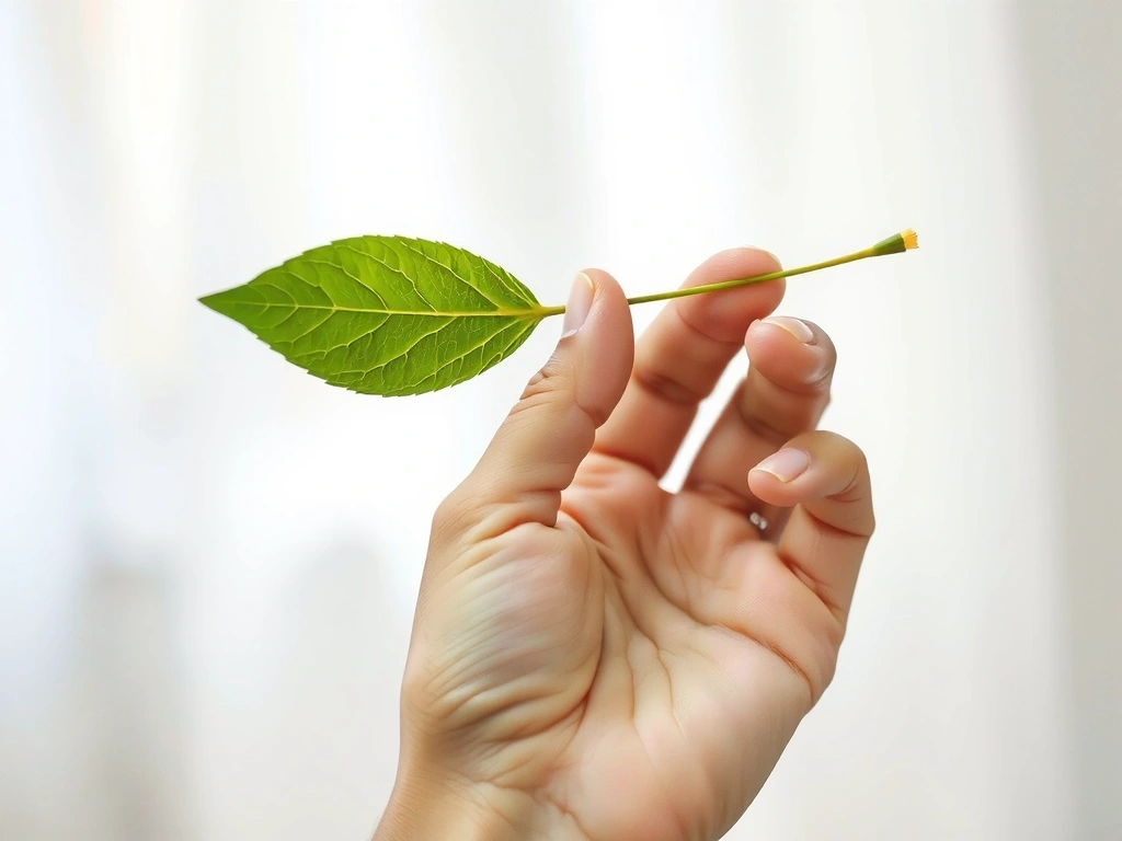A hand gently holding a vibrant green leaf, symbolizing natural ingredients and care.