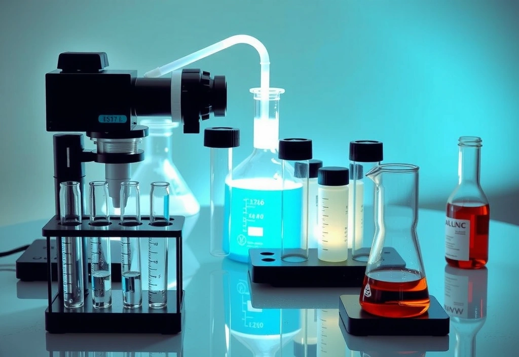 Modern laboratory equipment with glowing beakers, representing strict quality control.