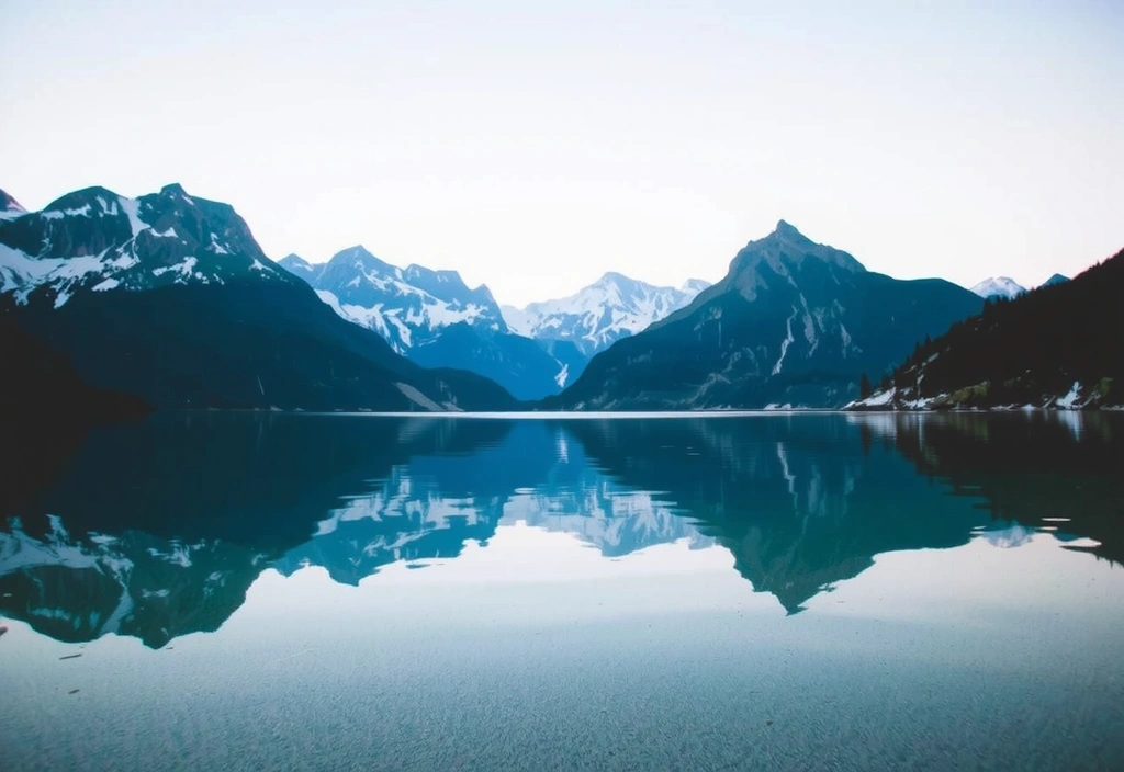 Serene natural landscape with a clear lake and mountains, symbolizing purity and tranquility.