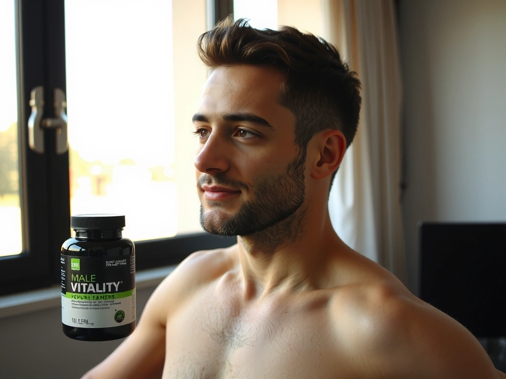 A confident man reflecting health and vitality, with subtle product placement.