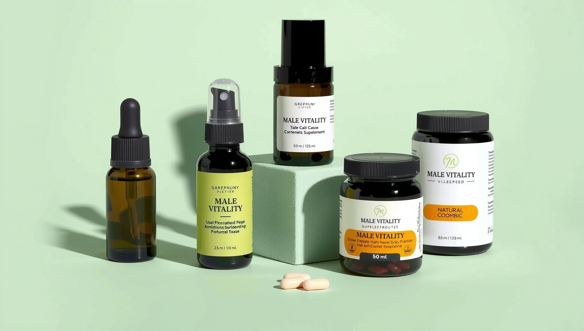 A collection of natural cosmetic products and male vitality supplements, artfully arranged in soft lighting.
