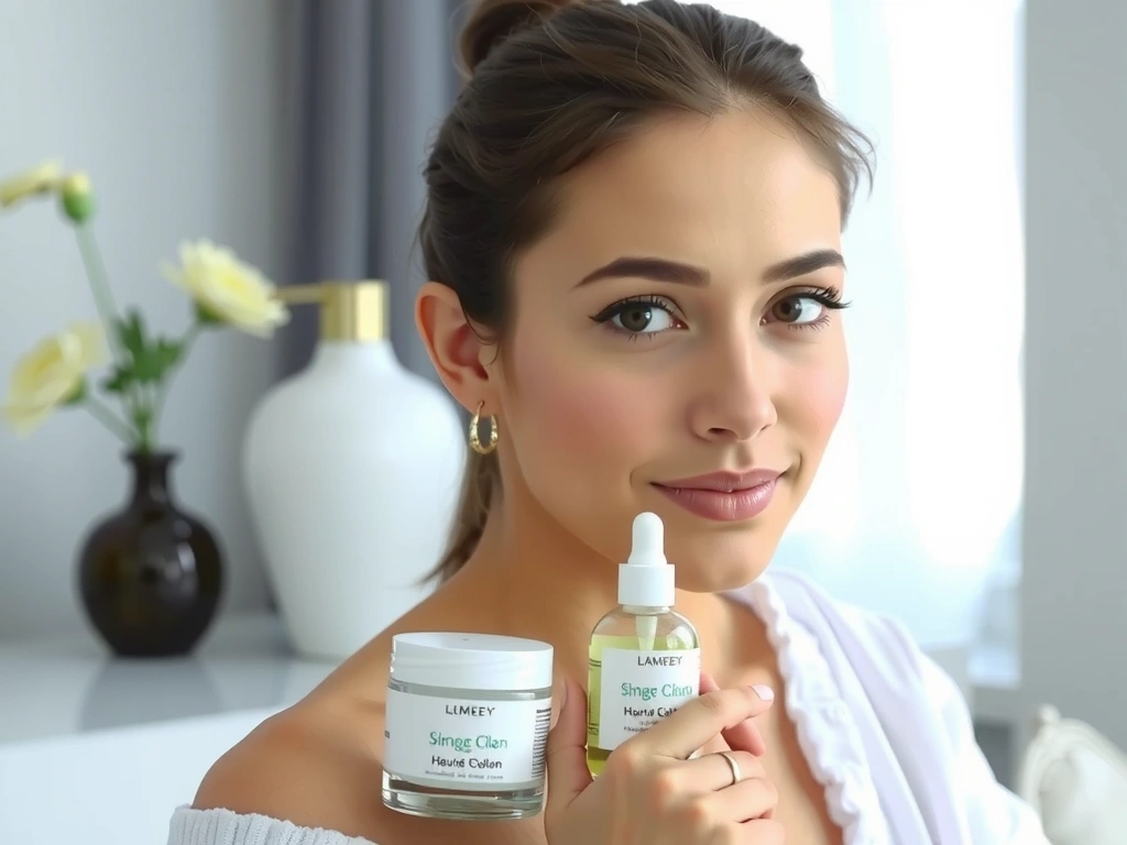 A serene woman with glowing skin, showcasing natural beauty and skincare products.