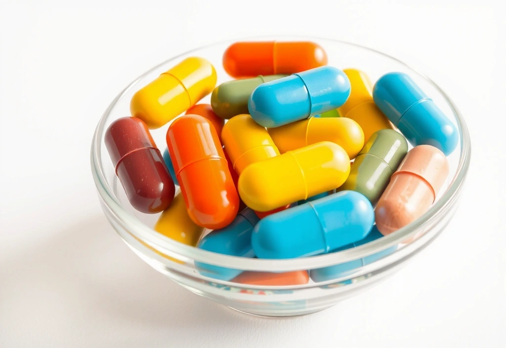Assorted vitamin capsules in a glass bowl