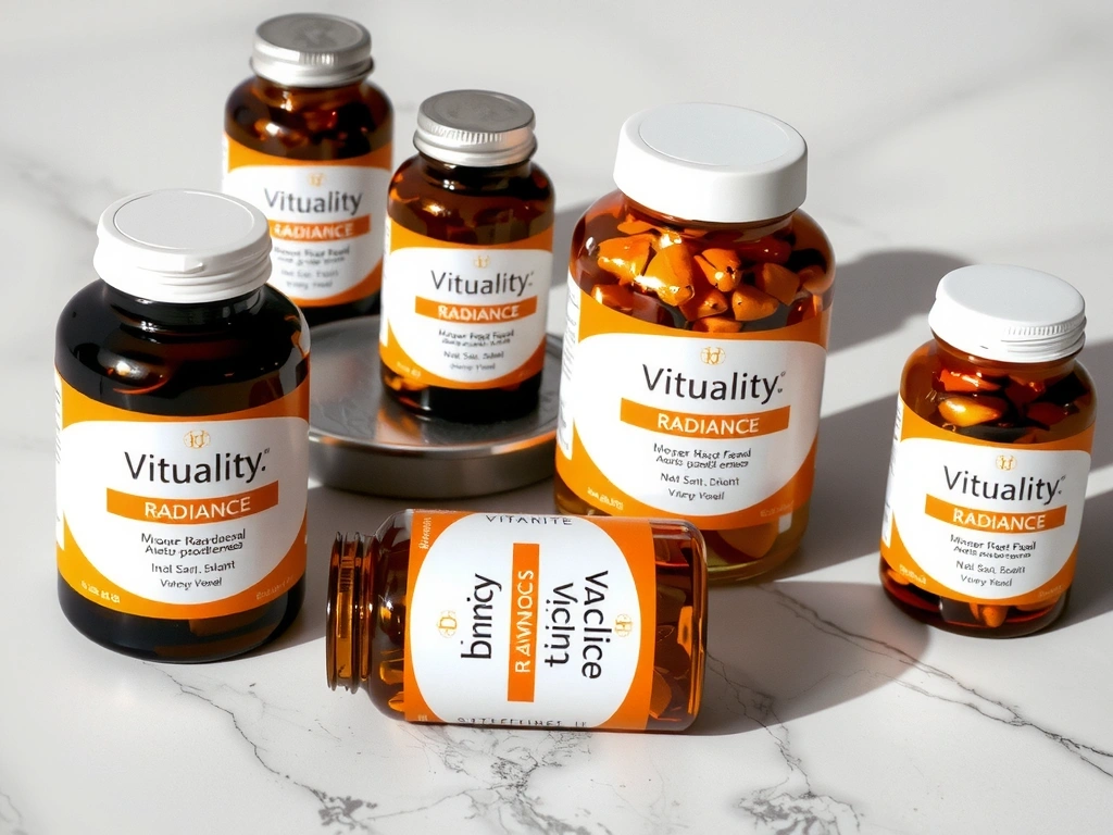 Bottles of Vitalityandradiancec supplements neatly arranged